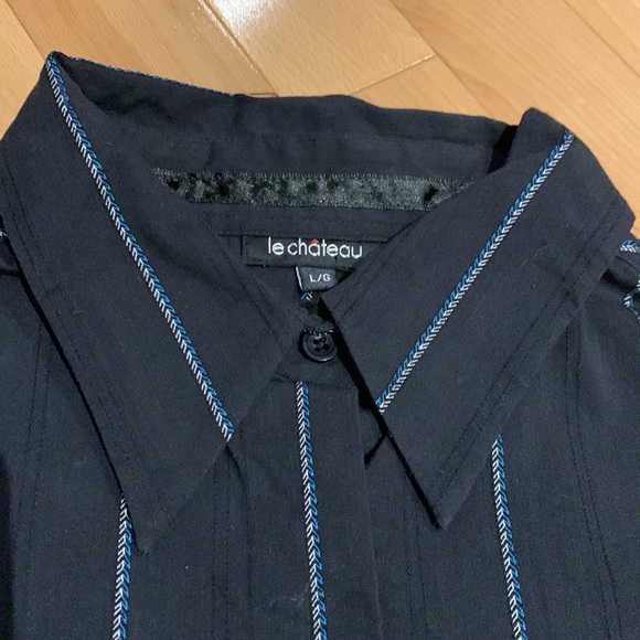 VEUC Le Chateau Button Up Blouse -Black w Blue & Silver Striped Detail - size L - Picture 5 of 14